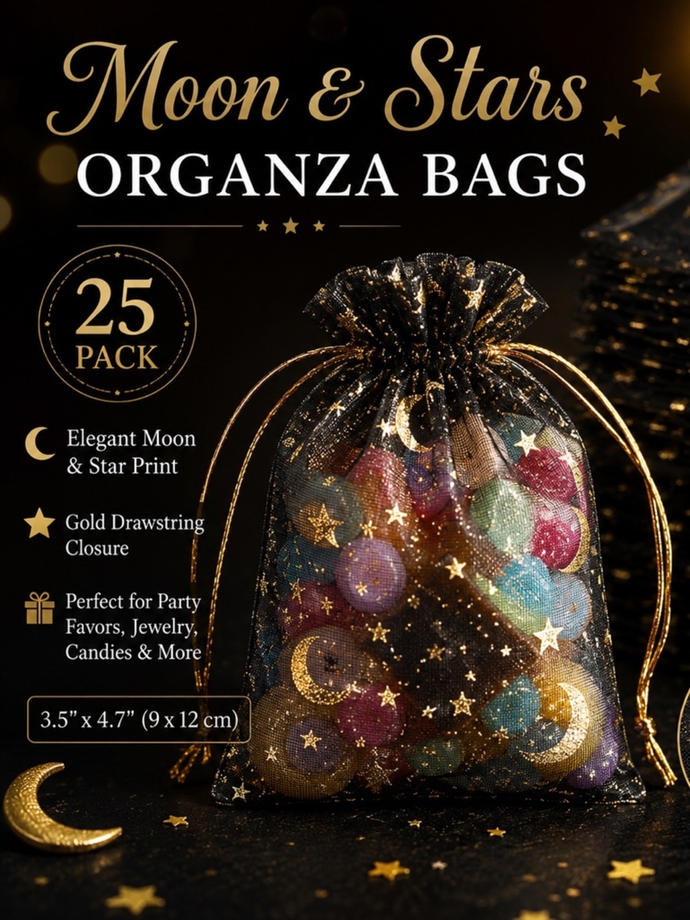 🌙 Moon & Stars Organza Drawstring Gift Bags Bundle (25 Bags) ✨